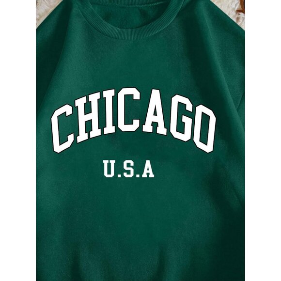 ⚡Women Dark Green Chicago Imported Graphic Crewneck Long Sleeve Sweatshirt - Picture 5 of 5